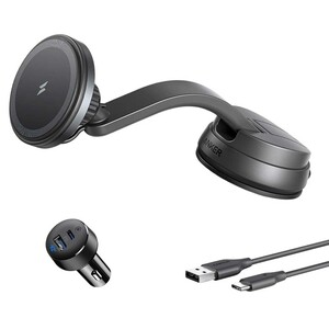 هولدر شارژر وایرلس آیفون داخل خودرو انکر همراه با شارژ فندکی و کابل دو سر تایپ‌سی