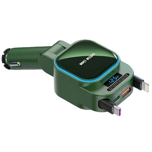 کیفیت شارژر فندکی فست شارژ 96 وات یو اس بی و تایپ سی با کابل داخلی  تایپ سی و لایتنینگ با طول ۷۰ سانتی‌متر گرین