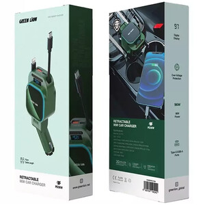 خرید شارژر فندکی فست شارژ 96 وات یو اس بی و تایپ سی با کابل داخلی  تایپ سی و لایتنینگ با طول ۷۰ سانتی‌متر گرین