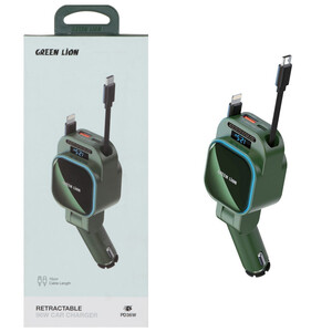 فروش شارژر فندکی فست شارژ 96 وات یو اس بی و تایپ سی با کابل داخلی  تایپ سی و لایتنینگ با طول ۷۰ سانتی‌متر گرین