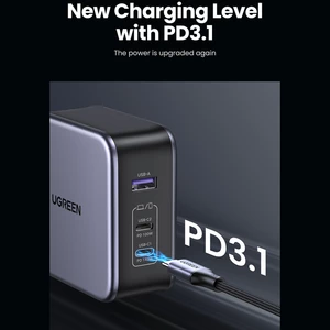 شارژر دیواری فست شارژ تایپ‌‍سی و یو‌اس‌بی 140 وات یوگرین با کابل دوسر تایپ‌سی