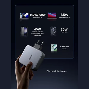 شارژر دیواری فست شارژ تایپ‌‍سی و یو‌اس‌بی 140 وات یوگرین با کابل دوسر تایپ‌سی