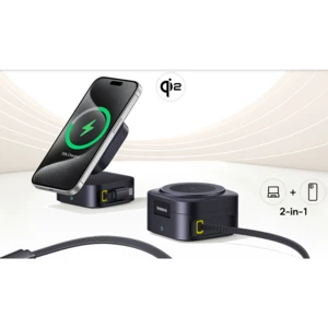 خرید شارژر بی‌سیم مگنتی تاشو رومیزی 15وات و پایه نگهدارنده موبایل بیسوس با کابل تایپ سی جمع شونده