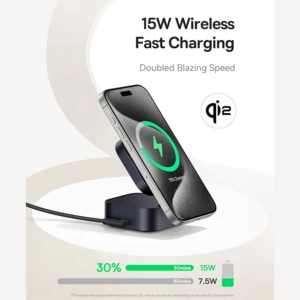 بهترین شارژر بی‌سیم مگنتی تاشو رومیزی 15وات و پایه نگهدارنده موبایل بیسوس با کابل تایپ سی جمع شونده