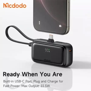 خرید پاوربانک 22.5 وات 5000 مک دودو با کانکتور لایتنینگ و کابل تایپ سی متصل