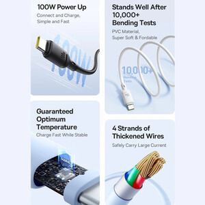 خرید کابل سوپر فست شارژ یو‌اس‌بی به تایپ‌سی 100 وات دو متری بیسوس