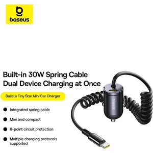 بهترین شارژر فندکی فست شارژ ماشین تایپ‌سی 30 وات با کابل فنری متصل تایپ‌سی بیسوس