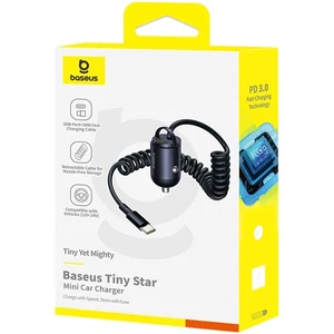 شارژر فندکی فست شارژ ماشین تایپ‌سی 30 وات با کابل فنری متصل تایپ‌سی بیسوس