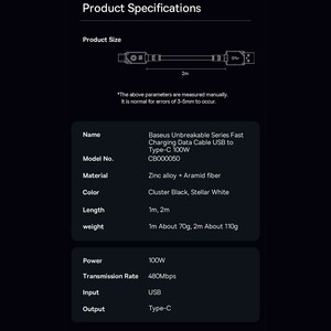 کابل سوپر فست شارژ یو اس بی به تایپ سی 100 وات 6 آمپر 2 متری بیسوس