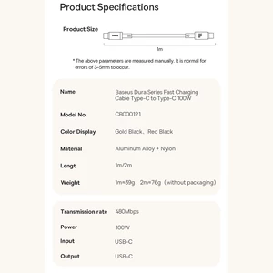 کابل سوپر فست شارژ تایپ‌سی به تایپ‌سی 100 وات یک متری بیسوس