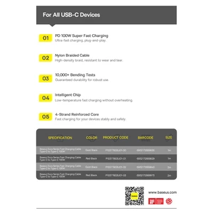 کابل سوپر فست شارژ تایپ‌سی به تایپ‌سی 100 وات یک متری بیسوس