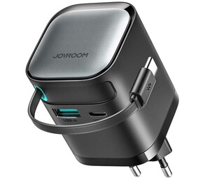 شارژر دیواری فست تایپ سی و یو اس بی 65 وات جویروم همراه با کابل تایپ‌سی جمع‌شونده 70 سانتی‌متری JR-TCL02EU