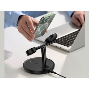 شارژر بی سیم مگنتی رومیزی آیفون 20 وات و پایه نگهدارنده موبایل 3 در 1 بیسوس Baseus Swan 3-in-1 Wireless Magnetic Charging Bracket 20W