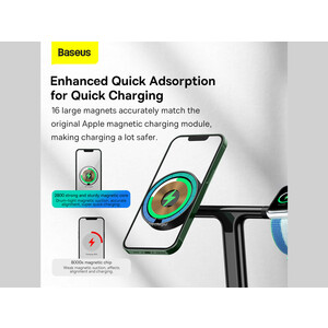 شارژر بی سیم مگنتی رومیزی آیفون 20 وات و پایه نگهدارنده موبایل 3 در 1 بیسوس Baseus Swan 3-in-1 Wireless Magnetic Charging Bracket 20W