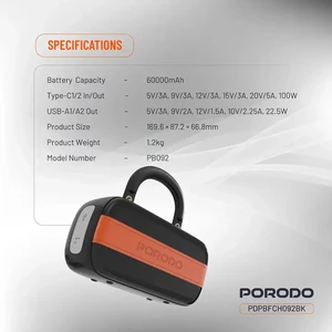 پاور بانک 60000 پورودو Porodo مدل PDPBFCH092BK توان 100 وات