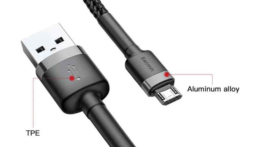 اتصال محکم سیم به سوکت ها در کابل شارژ و انتقال دیتای بیسوس مدل Baseus cafule Cable USB For Micro 2A 2m