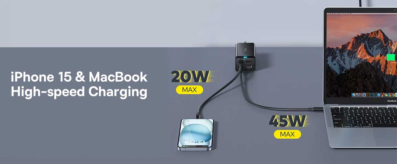 شارژر متصل به مکبوک و آیفون