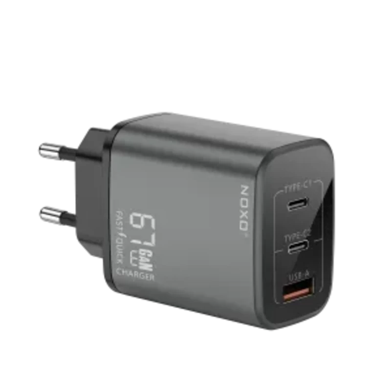شارژر دیواری 67 وات نوکسو مدل CHN-P-2 با 3 پورت USB-C و USB-A، پشتیبانی از PD و QC3.0 (EU Pin) و فناوری GaN