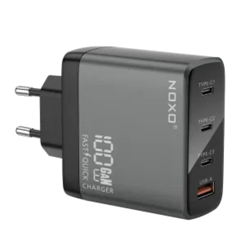 شارژر دیواری 100 وات نوکسو مدل CHN-P-3 با 4 پورت USB-C و USB-A، پشتیبانی از PD و QC3.0 (EU Pin) و فناوری GaN