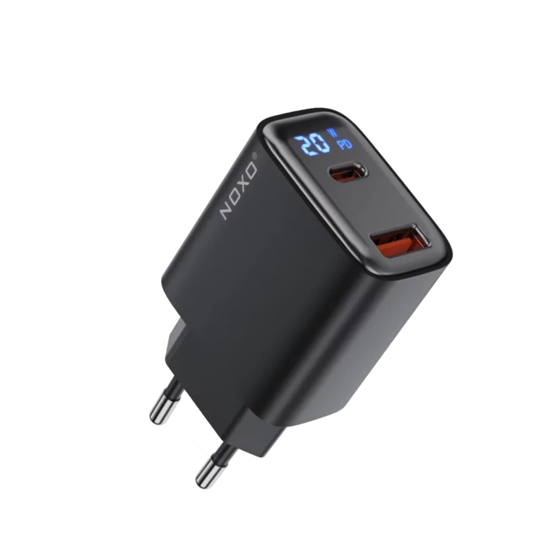 شارژر دیواری 20 وات نوکسو مدل CHN-6 با 2 پورت USB-A + USB-C، پشتیبانی PD و QC3.0 و نمایشگر دیجیتال (EU Pin)