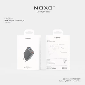 شارژر دیواری 20 وات نوکسو مدل CHN-6 با 2 پورت USB-A + USB-C، پشتیبانی PD و QC3.0 و نمایشگر دیجیتال (EU Pin)