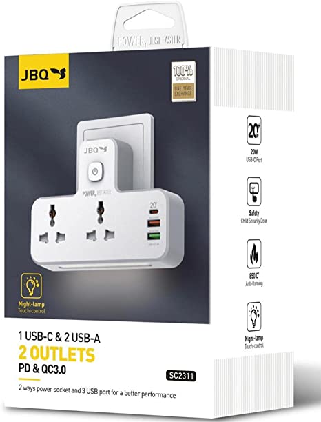 محافظ برق ۲پورت با ۲خروجی USB و۱ خروجی USB-C باچراغ خواب  برندJBQ مدل SC2311