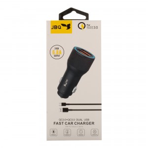 شارژر فندکی USB دو پورت  18 وات فست شارژ با محافظ ولتاژ و همراه با کابل شارژ برندJBQ مدل 2USB 6.8A DUAL USB FAST CAR CHARGER