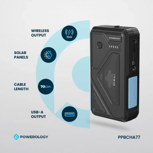 پاوربانک وایرلس شارژ خورشیدی 27000 پاورولوژی Powerology Solar Wireless Charging Power Bank PPBCHA77 همراه با کابل متصل