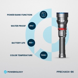 چراغ قوه حرفه ای ضد آب و پر نور پاورولوژی Powerology 4000mAh Waterproof LED Flashlight PPBCHA64-BK