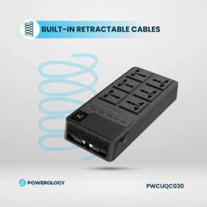 چند راهی برق 2500 وات مدل PWCUQC030 پاورولوژی Powerology 2500W 6AC Power Strip with Built-In Retractable Cables