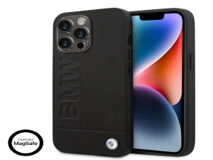 کاور چرمی مشکی مگ‌سیف با چاپ برجسته BMW برای آیفون 14 پرو مکس