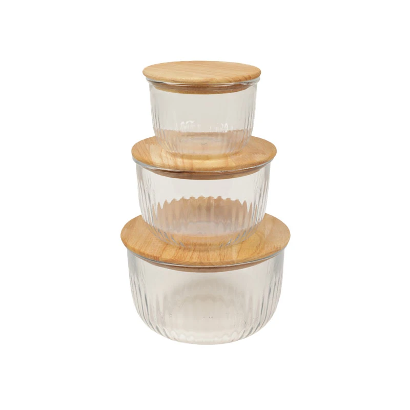 ظرف نگهدارنده لیمون مدل گرد شیاردار درب چوبی 2212 مجموعه 3 عددی