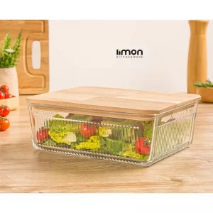 ظرف شیشه ای شیاردار 2.250 لیتر درب چوبی لیمون 2192