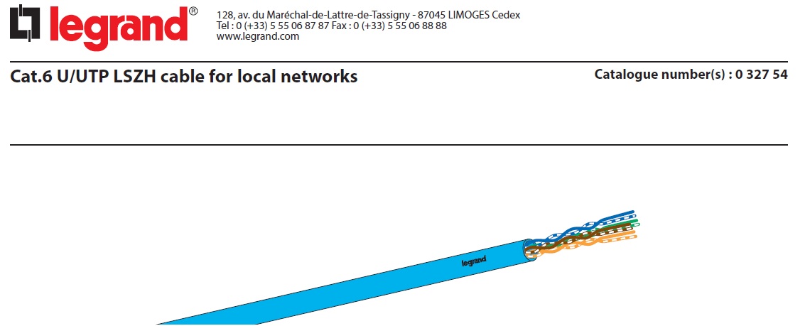 جدول مشخصات کابل شبکه لگراند Cat6UTP by LZSH Cover
