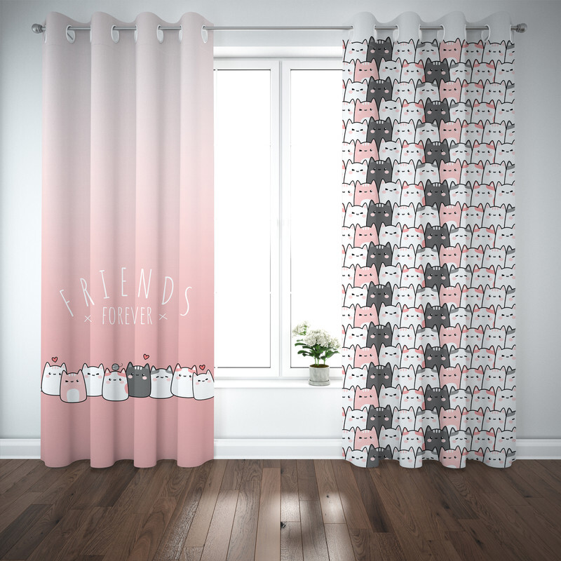 پرده مدل اتاق کودک طرح دخترانه گربه ملوس سایز 140x280 سانتی متر