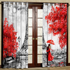 پرده مدل برج پاریس گل قرمز مخمل پانچی کد 349 سایز 140x280 سانتی متر
