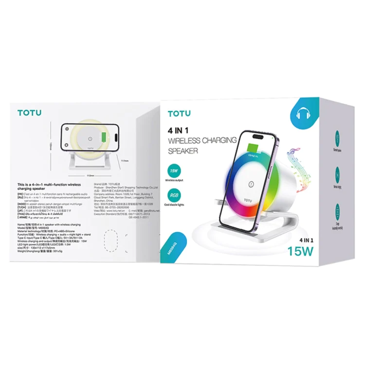 شارژر وایرلس 4 کاره TOTU M6064Q با اسپیکر بلوتوث و چراغ خواب RGB