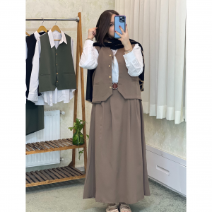 ست اقتصادی سه تیکه (شومیز دامن جلیقه) مدل موکا