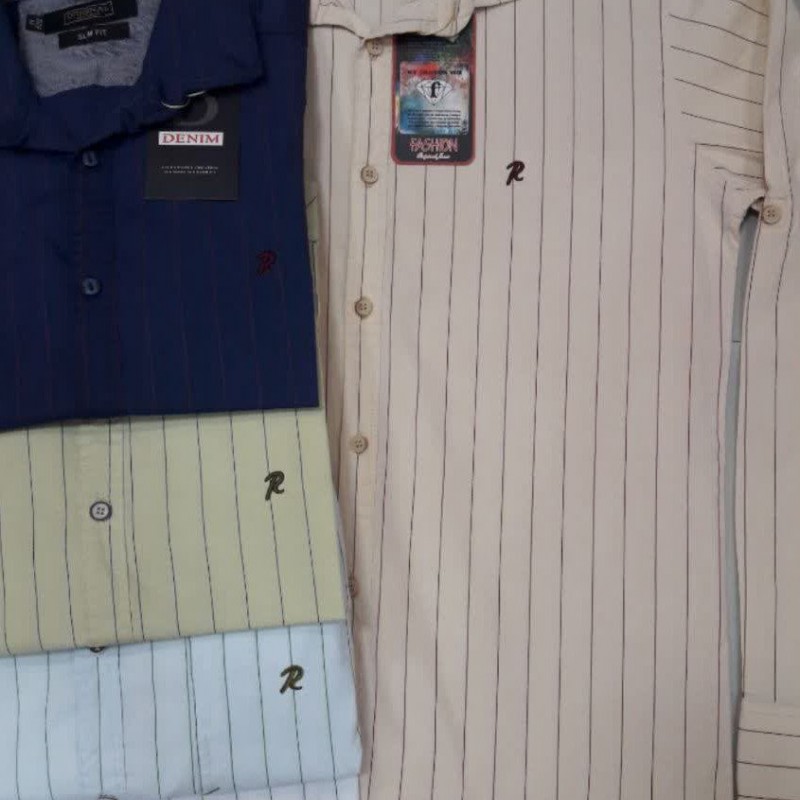 پیراهن مردانه راه‌راه گلدوزی R | پیراهن نخی کشی باکیفیت | پوشاک پویاک کد 267