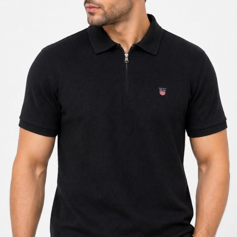 پولوشرت حصیری پنبه مردانه نیم زیپ کد 1039 – خنک، لطیف، سایزبزرگ (XL تا 4XL), گلدوزی گانت