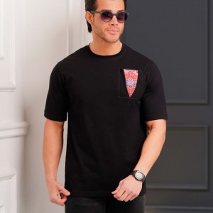 تیشرت پنبه سوپر۹٠۵ تک جیب تکه دوزی فرش