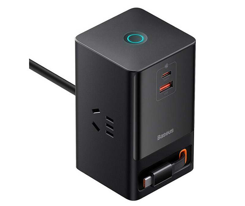 شارژر دیواری و آداپتور برق سوپر فست شارژ 65 وات با کابل تایپ سی جمع شونده بیسوس Baseus Gan5 Pro Digital Power Strip PSLR000001