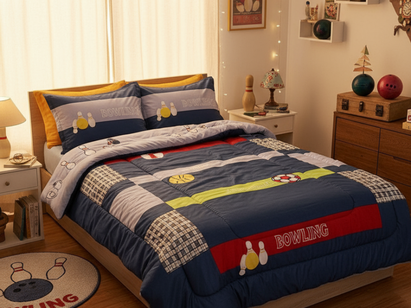 ست لحاف یکنفره سه تکه طرح توپ بولینگ تمام گلدوزی و تکه دوزی