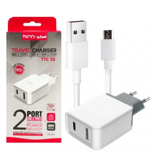 شارژر دیواری TSCO TTC58 2Port + کابل میکرو یو اس بی