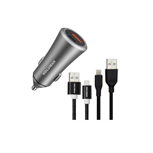 شارژر فندکی کلومن مدل KC - C03 به همراه کابل MICROUSB و لایتنینگ