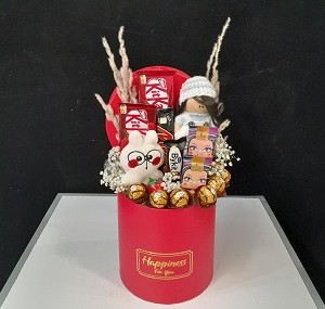 باکس هدیه شکلات و عروسک روسی و خرگوش عینکی