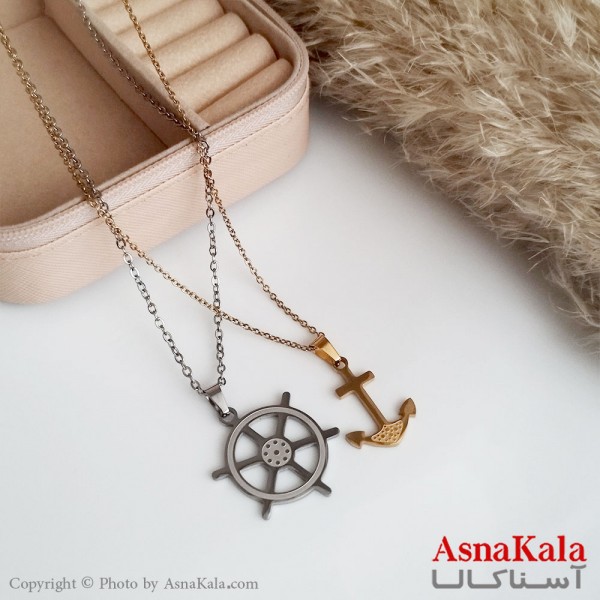 گردنبند دوتیکه ست دونفره دخترانه و پسرانه لنگر و سکان کشتی طلایی نقره ای کد GNB16625W