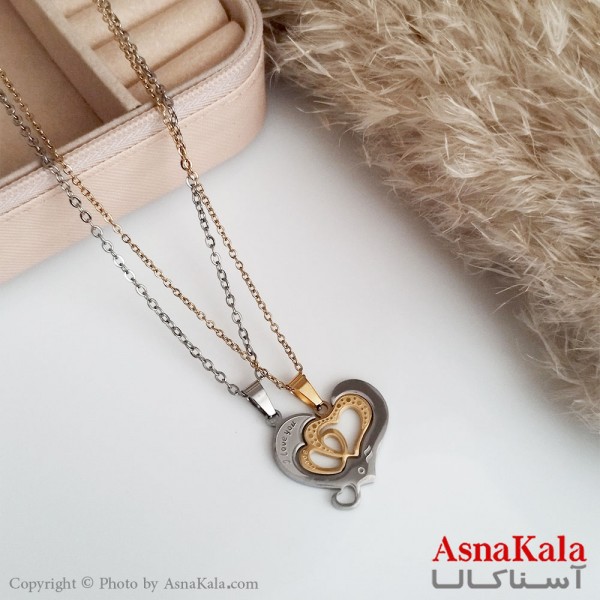 گردنبند دوتیکه ست دونفره دخترانه و پسرانه دوقلب داخل هم طلایی نقره ای کد GNB16626W