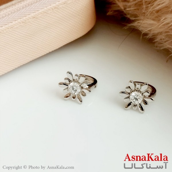 گوشواره حلقه ای ژوپینگ زنانه نقره ای گل تک نگین کد GSH15444W