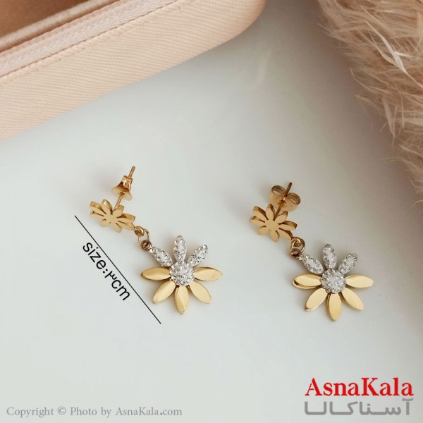 گوشواره آویز زنانه استیل مدل گل طلایی نگیندار کد GSH15453W